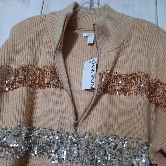 Nine West Sequin Striped Half Zip Mock Neck Pullover Sweater - XL - Picture 3 of 8